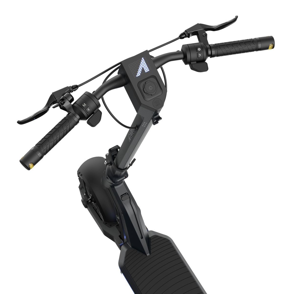 A top view of the Apollo Phantom 2.0 high performance electric scooter display and handlebars.