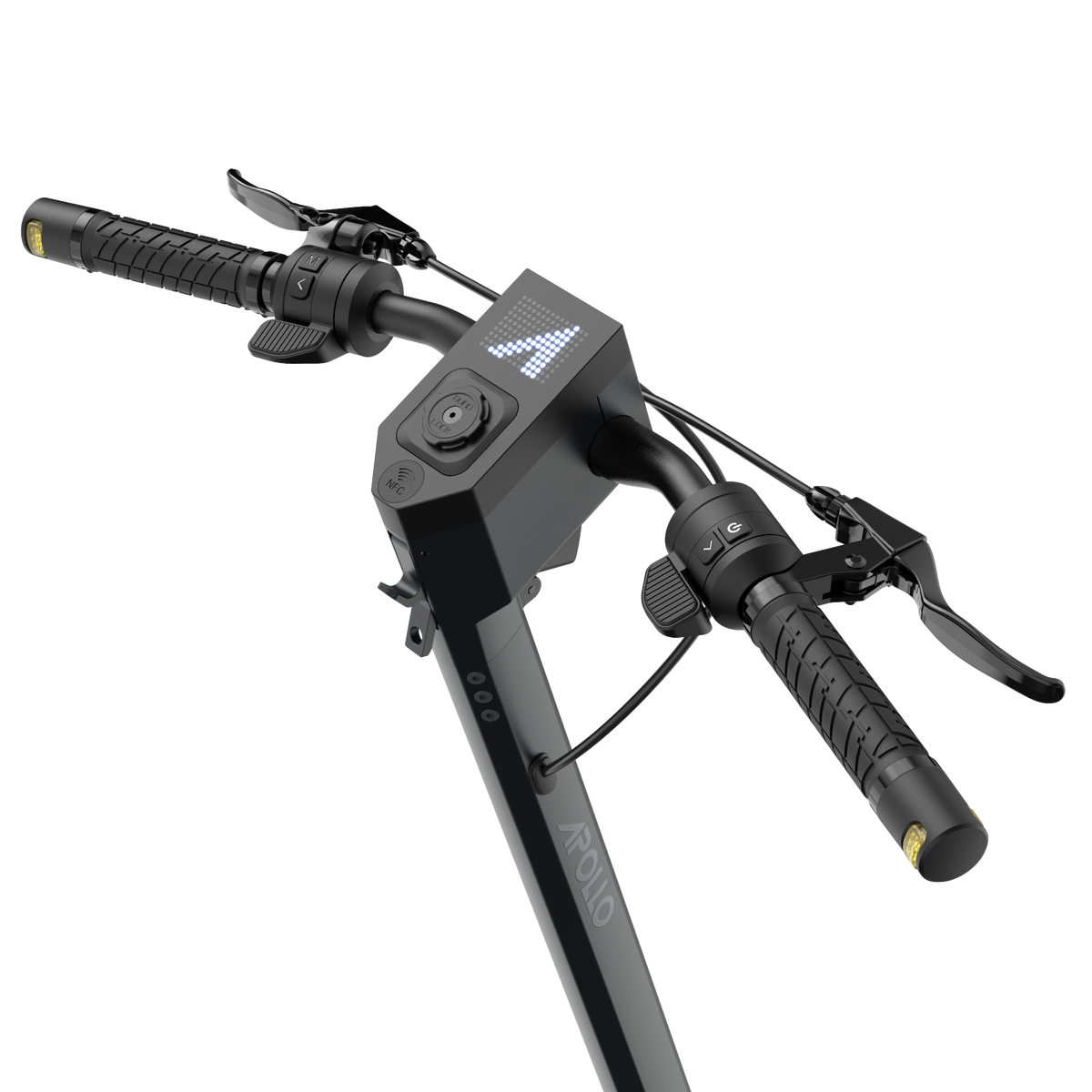 A close up of the handlebar brake system and e-scooter display on the Phantom 2.0 (52V).